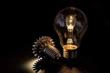A gear lightbulb and a lightbulb within a lightbulb on a dark background with a shadow. Generative AI