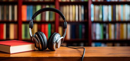 Large modern headphones on wooden desk, blurred library with many books in background - audiobooks concept. Generative AI