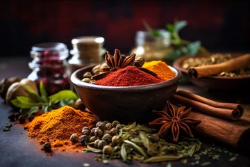 Poster Spices and herbs on wooden background. An assortment of aromatic spices and herbs. Food and cuisine ingredients. © vachom