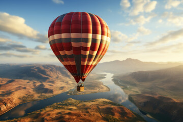 A gifted hot air balloon pilot guiding a majestic balloon over picturesque landscapes. Concept of aerial exploration and adventure. Generative Ai. - obrazy, fototapety, plakaty