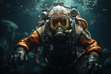A resolute deep-sea diver exploring the mysterious depths of the ocean. Concept of underwater exploration and marine biology. Generative Ai.