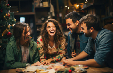 a group of friends playing board games on christmas day, meme, humorous, presents, christmas spirit, santa clauss, familiy, tree,