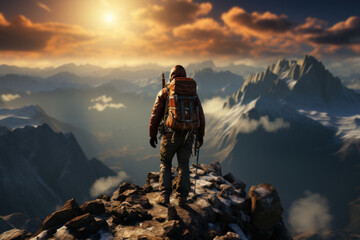 An experienced mountaineer conquering a challenging peak, standing triumphantly at the summit. Concept of mountain climbing and achievement. Generative Ai. - obrazy, fototapety, plakaty