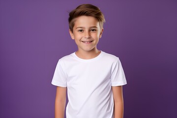 Portrait of a Cute Fictional Little Boy Wearing a Blank T-Shirt and Smiling. Isolated on a Plain Colored Background. Generative AI. 