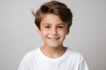Portrait of a Cute Fictional Little Boy Wearing a Blank T-Shirt and Smiling. Isolated on a Plain Colored Background. Generative AI. 