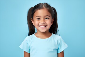 Portrait of a Cute Fictional Little Girl Wearing a Blank T-Shirt and Smiling. Isolated on a Plain Colored Background. Generative AI. 
