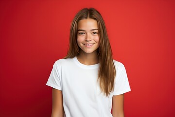 Fototapeta premium Portrait of a Happy Fictional Teenager Girl Smiling Candidly. Isolated on a plain colored background. Generative AI illustration.