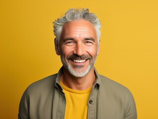 Portrait of a Happy Fictional Middle-Aged Handsome Man Smiling. Isolated on a plain colored background. Generative AI Illustration.