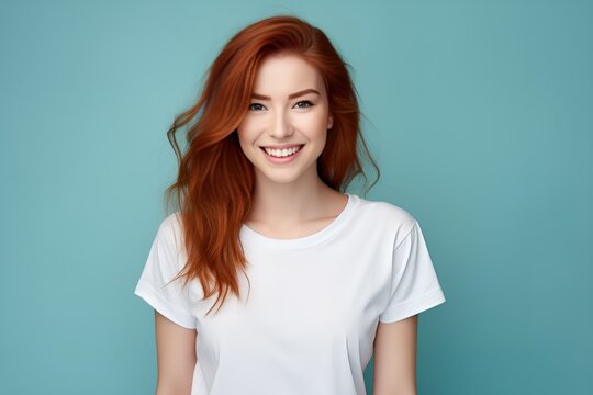 Beautiful Fictional Redhead Lady Smiling with a Plain Blank T-Shirt. Isolated on a plain colored background. Generative AI illustration.