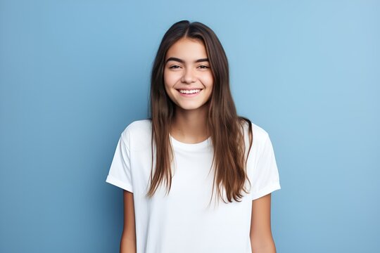 Portrait of a Happy Fictional Teenager Girl Smiling Candidly. Isolated on a plain colored background. Generative AI illustration.