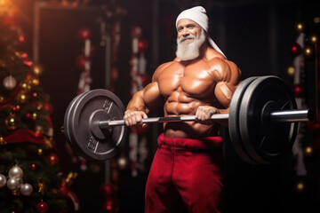Fototapeta na wymiar Santa Claus bodybuilder in a playful and whimsical manner, promoting a healthy holiday spirit. Generative AI