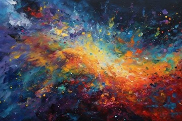 Fototapeta na wymiar Enlarged acrylic painting on canvas depicting a stunning starry sky, cosmos, and galaxy in vibrant colors. Colorful impressionist artwork. Generative AI