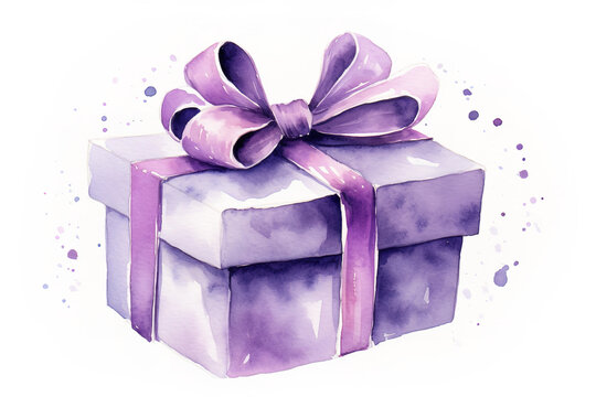 Beatiful watercolor drawing of a purple birthday present, white background