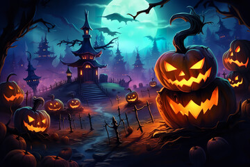 Colorful halloween pumpkin and witch cult background