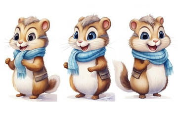 Cute smiling chipmunk with scarf Chibi style watercolor kids, neutral light blue colors, white background