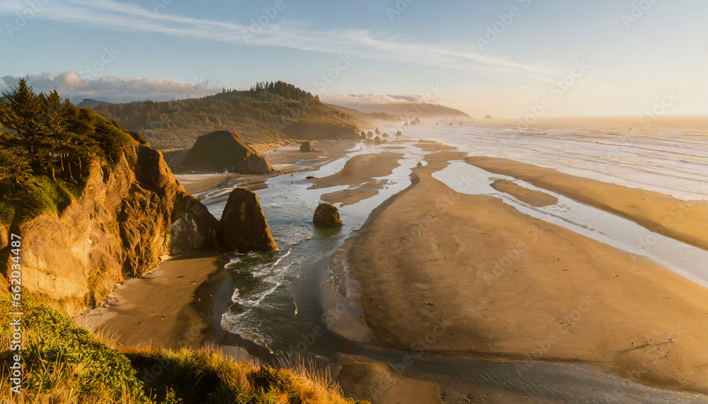 Wall mural drone style photo of oregon beaches at sunset, near coos bay and medford oregon