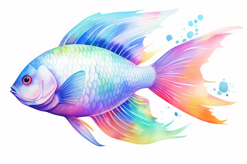 underwater fish, holographic watercolor colors, cartoon, white background