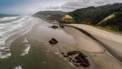Drone style photo of Oregon Beaches on a clear day, near Coos Bay and Medford Oregon 