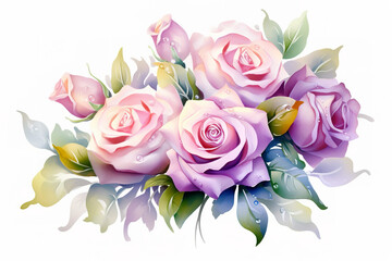 Watercolour beautiful realistic pastel iridescent rose bouquet with diamanté roses realistic magnificent details beautiful  - obrazy, fototapety, plakaty