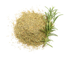 Fresh and dry rosemary isolated on white, top view