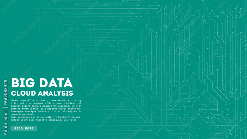 Poster Big Data cloud computing. Blockchain visualiztion. Cirquit board abstract pattern