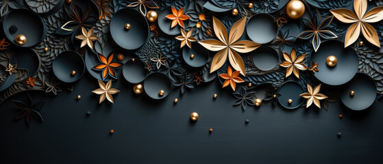 christmas decoration with golden flowers and golden ball on dark background, copy space