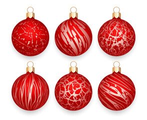 Christmas balls. Set of red Christmas balls with an abstract pattern isolated on a white background.