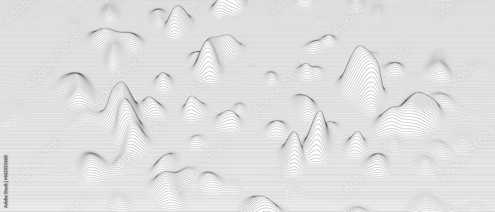 Poster abstract background with distorted line shapes on a white background. monochrome sound line waves.