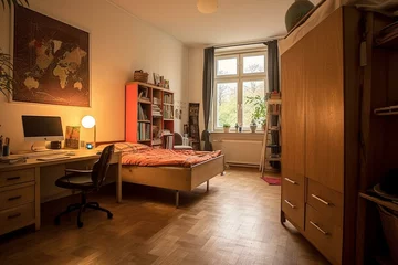 Fotobehang Room with oak wardrobe, inexpensive desk, box spring (no mattress), wooden flooring. Generative AI © Gable