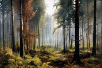 An indistinct picture of a woodland with tall trees in the distant background. Generative AI