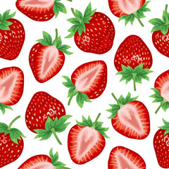 Strawberry. Strawberry seamless pattern on a white background. Summer strawberries, whole and sliced. The design is great for wallpaper, fabric, labels, packaging.