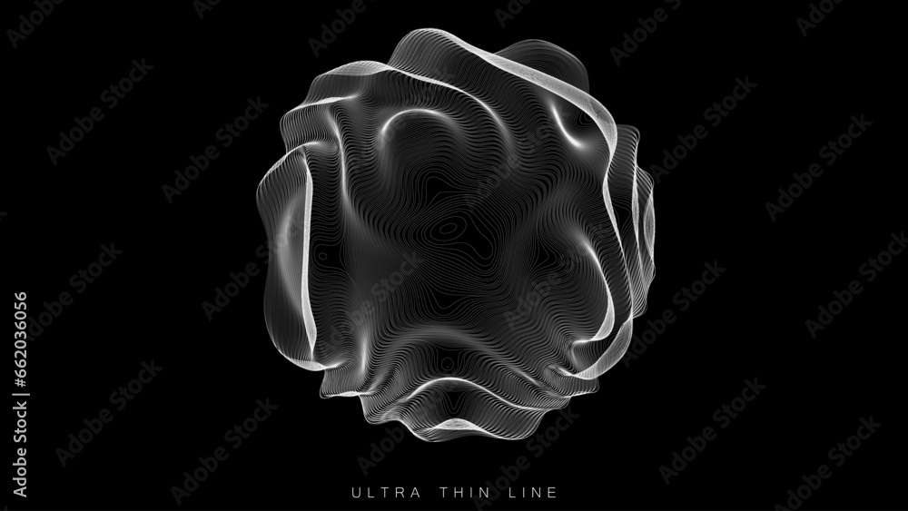 Poster ultra thin line fluid geometry. dynamic vector distorted spheres.