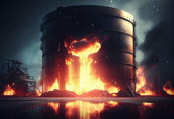 Oil storage fire. The tank farm is burning, black smoke is the combustion of hydrocarbons. High quality illustration - obrazy, fototapety, plakaty
