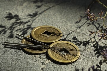 Acupuncture needles and ancient coins on stone surface