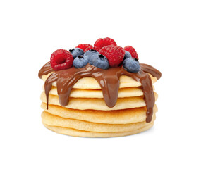 Stack of tasty pancakes with chocolate spread and berries isolated on white