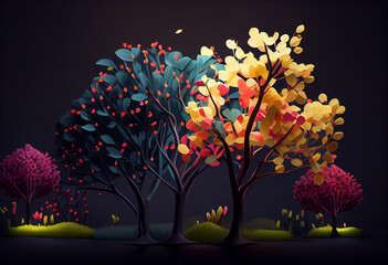 Colorful rose petals and trees. High quality illustration
