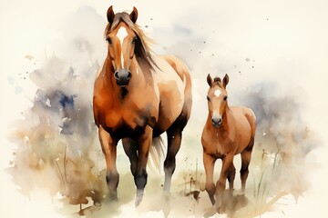 Brown horse and foal grazing in a watercolor pasture on textured paper