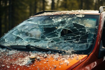 Close up of a vehicle's broken windshield after a tragic and fatal collision