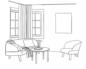 Modern interior room sketch. Hand drawn sofa, chair, window