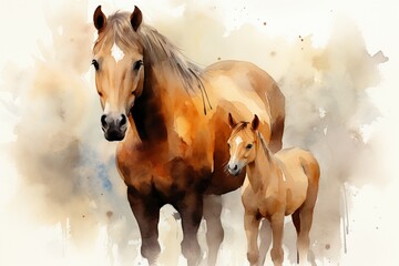 Digital watercolor painting showcases a serene scene of a brown horse and foal