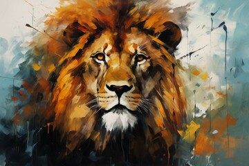 Digital watercolor art portrays a lion's essence, textured with oil paint