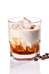 White Russian alcoholic cocktail with ice cubes on white background. Glass of iced coffee with milk.