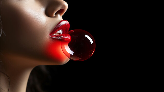 Wunderschöne sexy rote Lippen einer Frau mit Zähne und Seifenblase Nahaufnahme Querformat, ai generativ