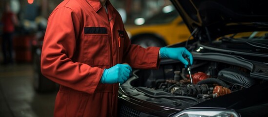 Fototapeta na wymiar Technician working in an auto service garage, tending to car repair