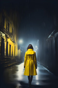 woman with a yellow coat walking on a rainy street - crime and thriller cover for book