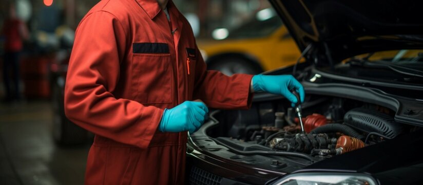 Technician working in an auto service garage, tending to car repair