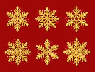 Set of snowflakes. Gold glitter texture. Christmas decoration. Shining golden snowflakes on a red background.