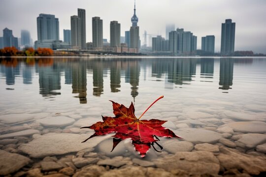 Canadian city in Ontario with a photograph of the Canadian maple leaf. Generative AI