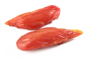 Smoked chicken breast on white background. Dietary meat. Flat lay. Top view. Copy space. Isolated object.