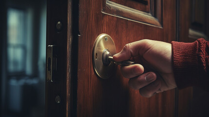 Close up of a hand turning the lock on a bedroom door - obrazy, fototapety, plakaty
